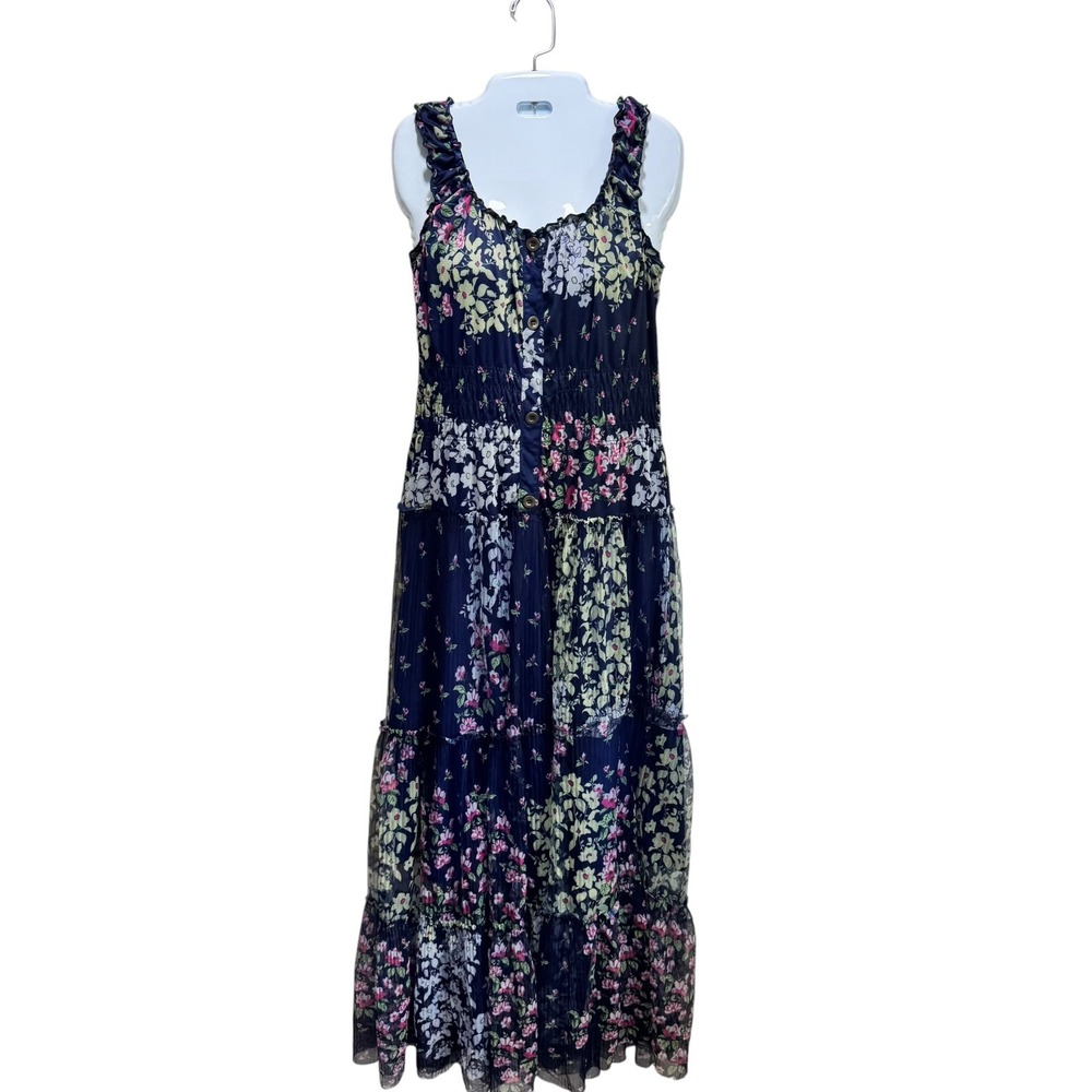 Lapis Floral Patchwork Maxi Cottage Dress Boho Smocked Waist Button Front Navy S